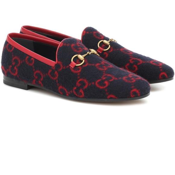 Jordaan GG Print Horsebit Classic Wool Navy Red Flannel Loafers D096 - Picture 2 of 12